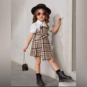 Shein baby girl white top & khaki plaid fleece bottom dress w/belt/size: 18-24M